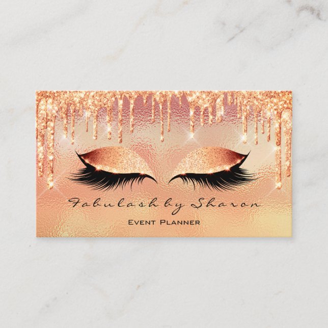 Makeup Artist Lash Eye Glitter Drips Coral Metal Business Card (Front)