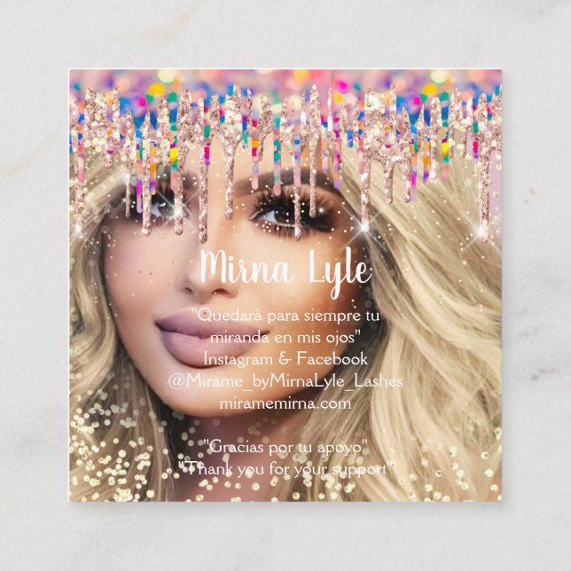 Makeup Artist Lash Studio Holograph Photo Mirna Square Business Card (Back)
