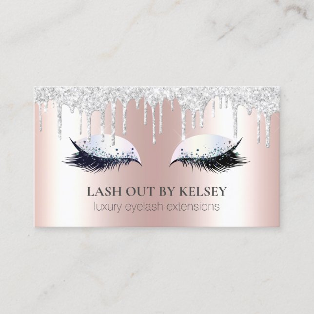 Makeup Artist Lashes Pink + Platinum Glitter Drips Business Card (Front)
