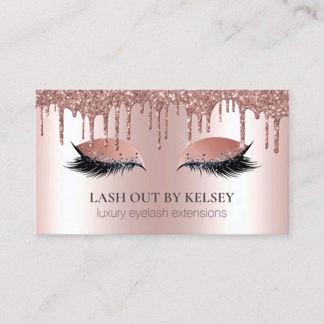 Makeup Artist Lashes Rose Gold Dripping Glitter Business Card (Front)