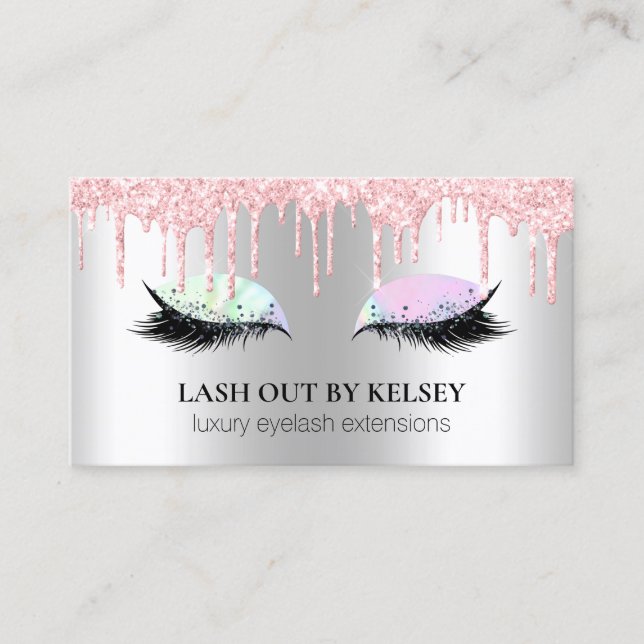 Makeup Artist Lashes Silver Opal Pink Glitter Drip Business Card (Front)