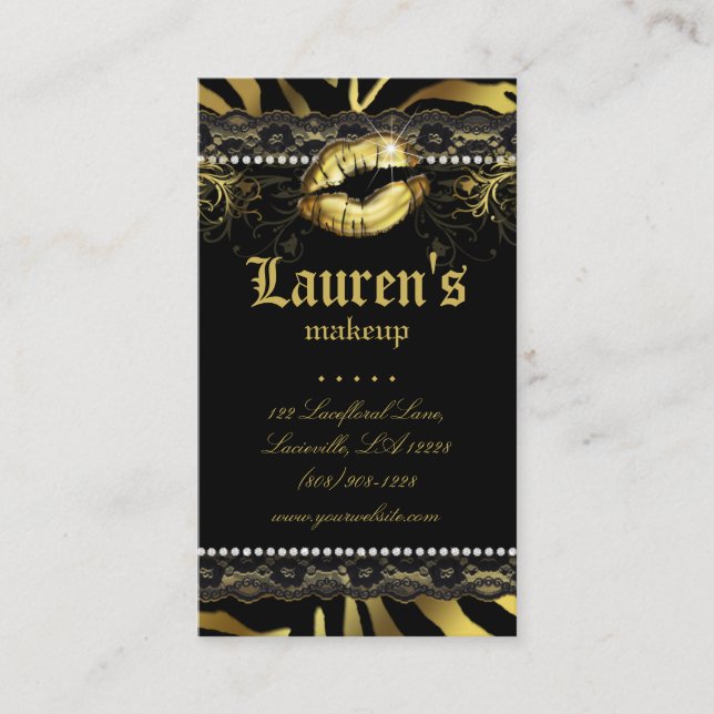 Makeup Artist Lips N Lace Gold Zebra Modern Business Card (Front)
