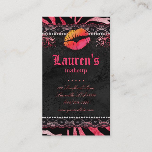 Makeup Artist Lips N Lace Pink Orange Red Zebra Business Card (Front)