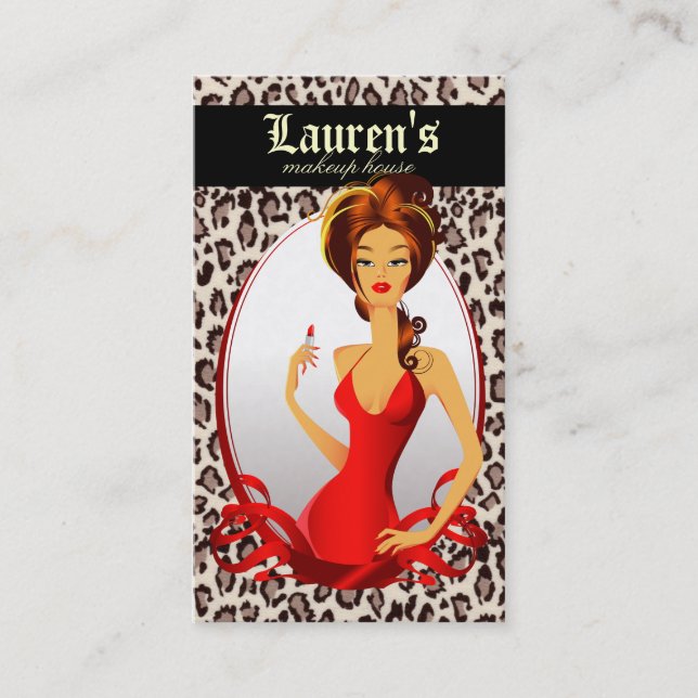 Makeup Artist Lips N Lipstick Red Leopard Beige Business Card (Front)