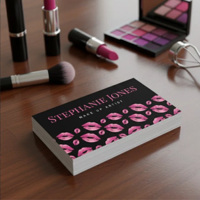 Makeup Artist Lips Pattern Cute Pink & Black Business Card (Creator Uploaded)