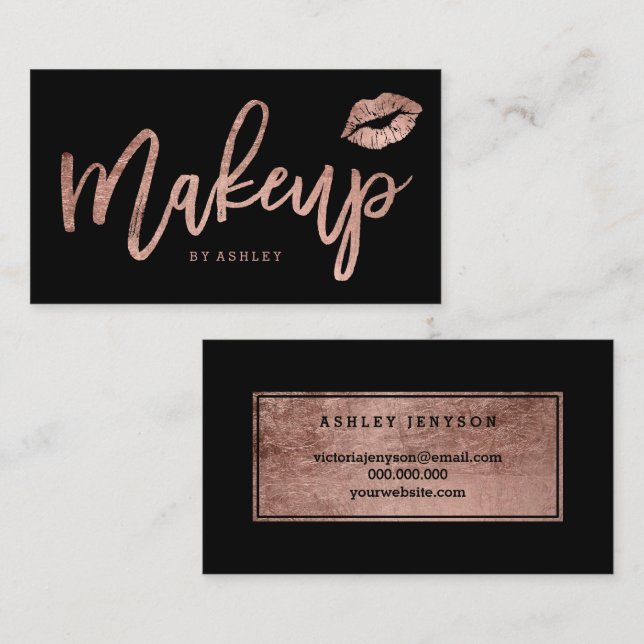 Makeup artist lips rose gold typography black business card (Front/Back)