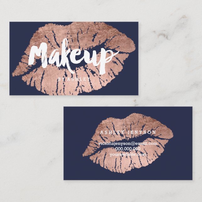 Makeup artist lips rose gold typography blue business card (Front/Back)
