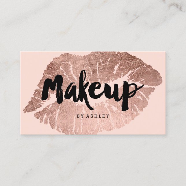 Makeup artist lips rose gold typography blush business card (Front)