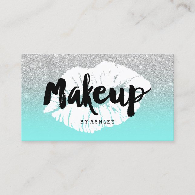 Makeup artist lips typography silver glitter teal business card (Front)