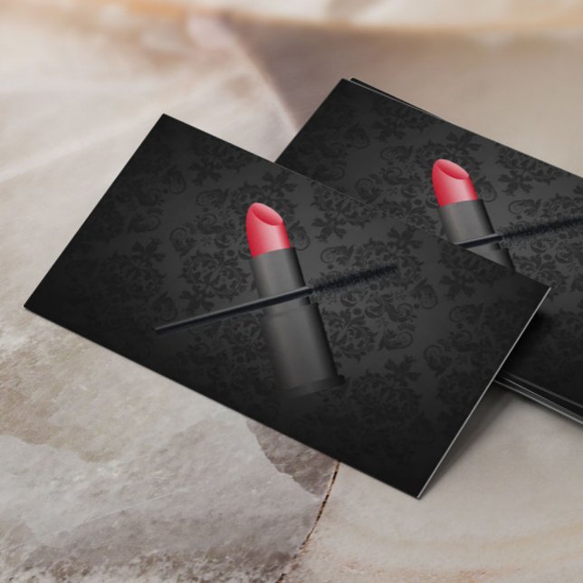Makeup Artist Lipstick & Eyelash Brush Damask Business Card (Creator Uploaded)