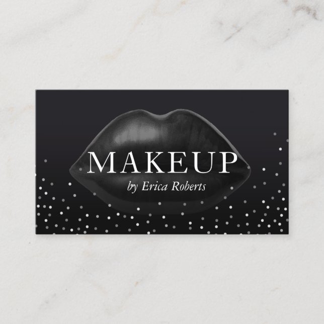 Makeup Artist Modern Black Lips Silver Confetti Business Card (Front)