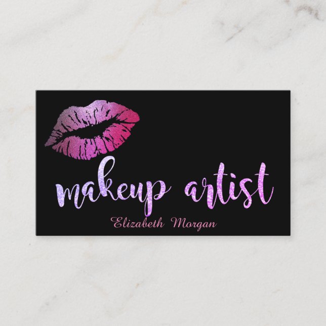 Makeup Artist Modern Glittery Lips Black Business Card (Front)