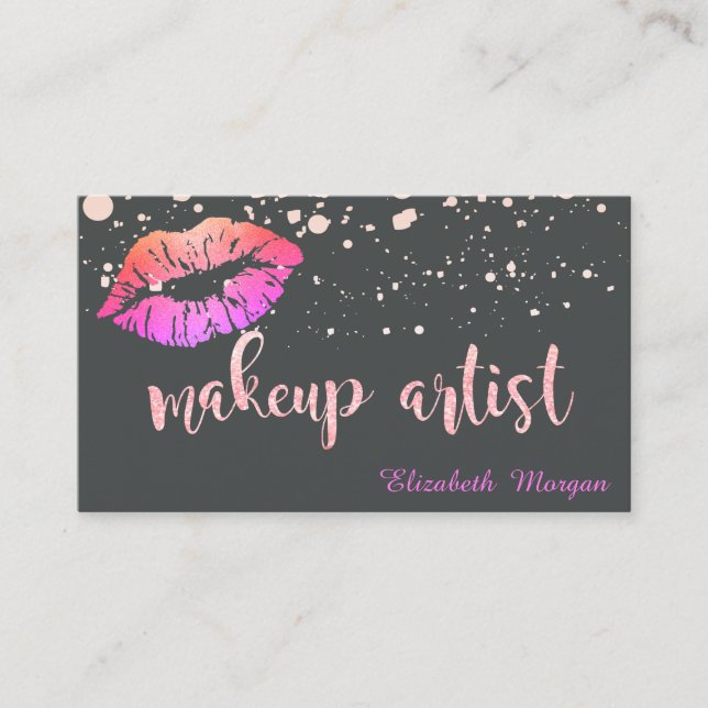 Makeup Artist Modern Glittery Lips Dots Business Card (Front)