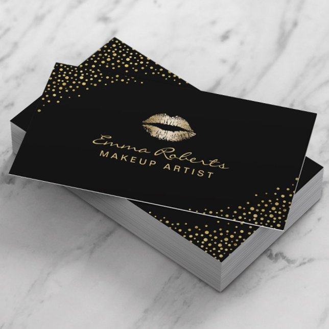 Makeup Artist Modern Gold Lips Chic Confetti Dots Business Card (Creator Uploaded)