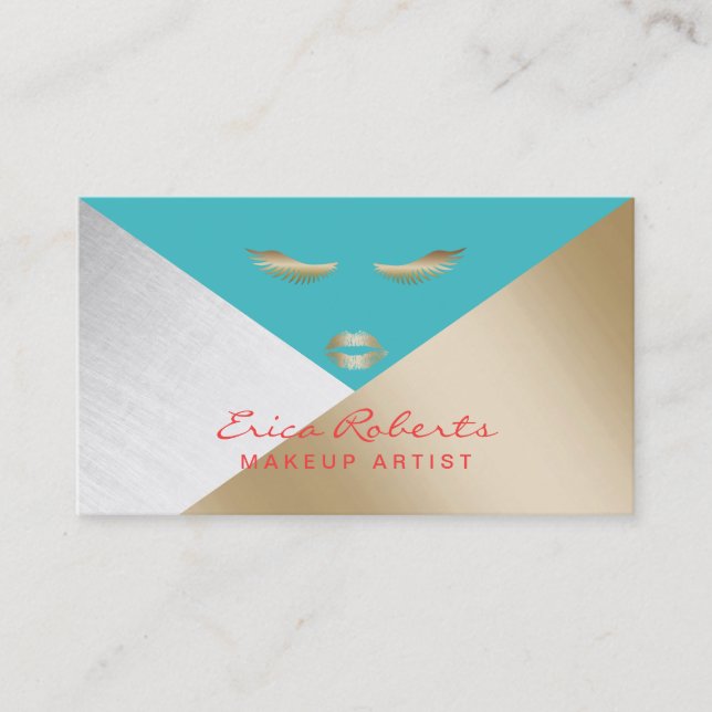 Makeup Artist Modern Gold Silver & Turquoise Business Card (Front)