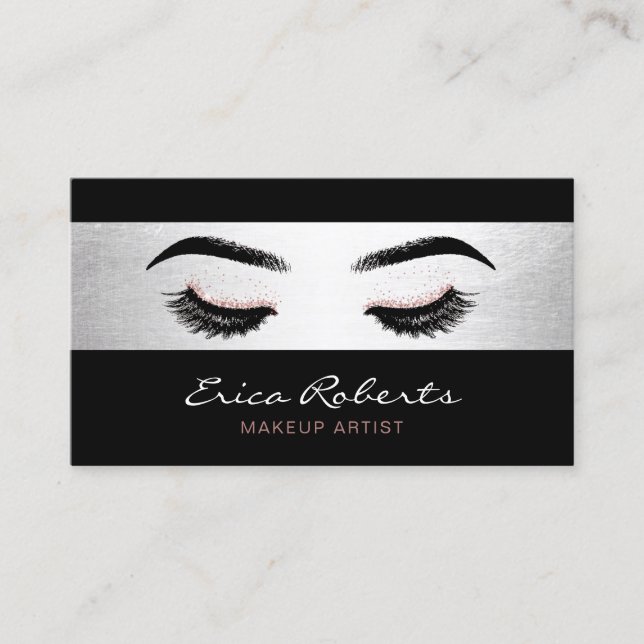 Makeup Artist Modern Lashes Black & Silver Salon Business Card (Front)