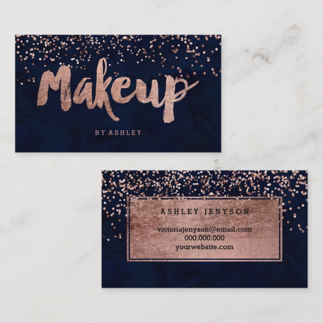 Makeup artist modern rose gold confetti navy blue business card (Front/Back)