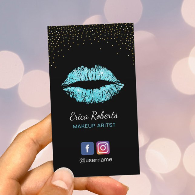 Makeup Artist Modern Turquoise Glitter Lips Salon Business Card (Creator Uploaded)