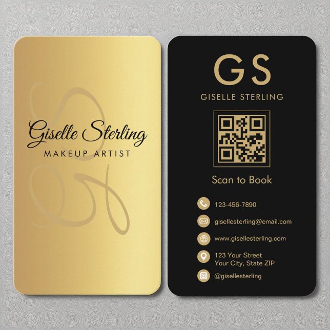 Makeup Artist Monogram Gold Black QR Code Business Card (Creator Uploaded)