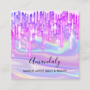 Makeup Artist Nail Logo Pink Glitter Holograph Blu Square Business Card