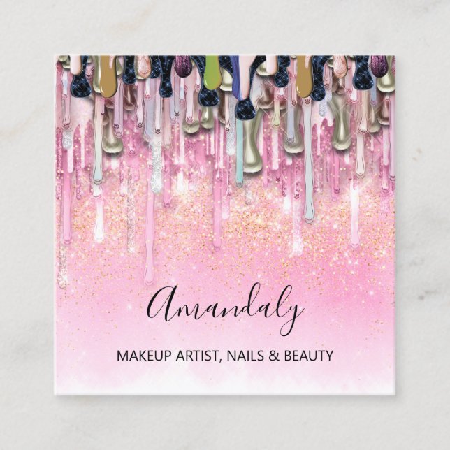 Makeup Artist Nails Logo Rose Glitter Confetti Square Business Card (Front)
