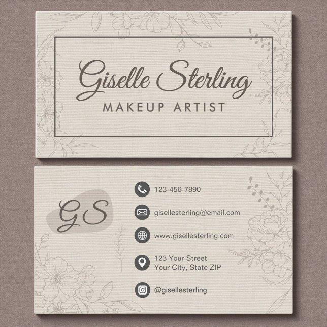 Makeup Artist Neutral Linen Floral Elegant Script Business Card (Creator Uploaded)