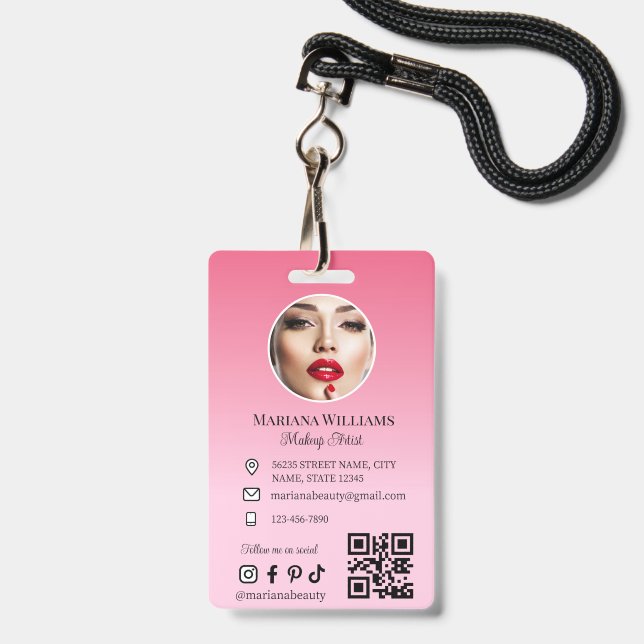 makeup artist  photo qr code pink small business badge (Front with Lanyard)