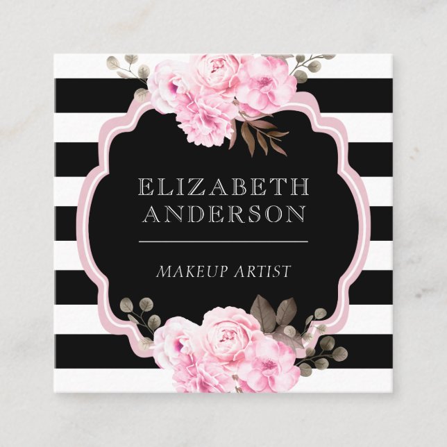 Makeup Artist Pink Floral Black Stripe Square Business Card (Front)
