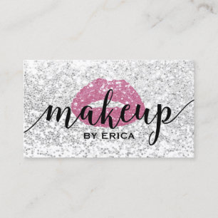 Makeup Artist Pink Lips Modern Silver Sequins Business Card