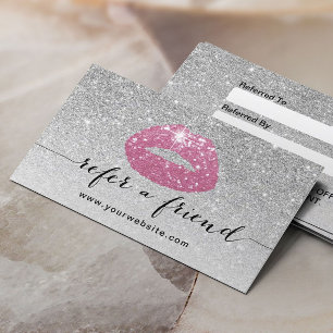Makeup Artist Pink Lips Silver Glitter Referral Card