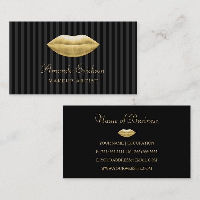 Makeup Artist Professional Black Stripes Gold Lips Business Card (Front/Back)
