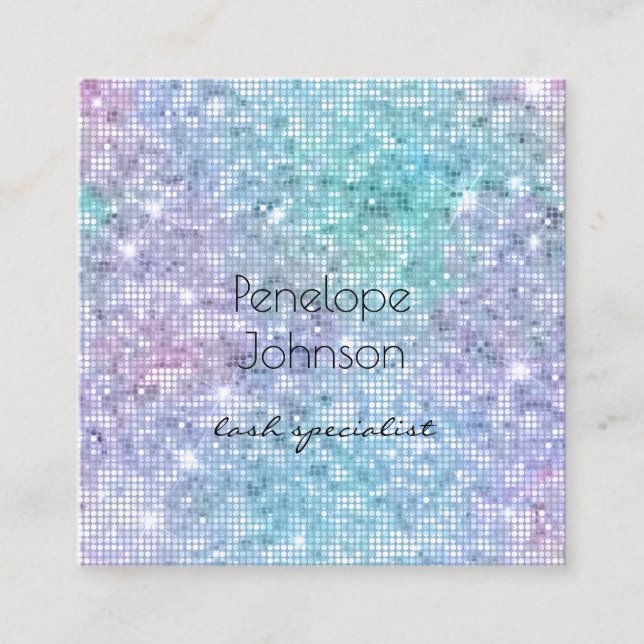 Makeup Artist Purple and Blue Sparkles Square Business Card (Front)