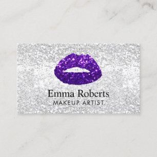 Makeup Artist Purple Glitter Lips Modern Silver Business Card