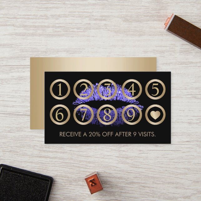 Makeup Artist Purple Glitter Lips Salon Loyalty Card (Front/Back In Situ)