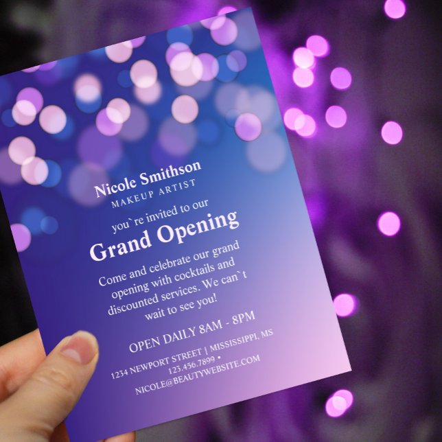 Makeup Artist Purple Sparkles Glam Grand Opening Flyer (Attract customers to your grand opening with this professionally designed flyer! Perfect for #salons)