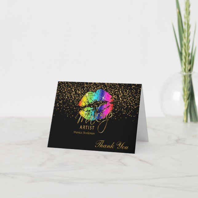 Makeup Artist  Rainbow Lips on Black Thank You Card (Front)