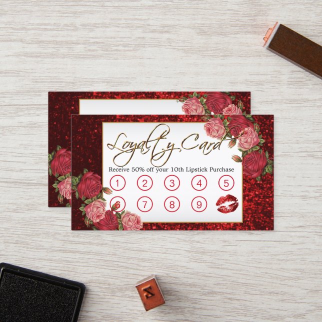 Makeup Artist - Red Glitter and Floral Design Loyalty Card (Front/Back In Situ)