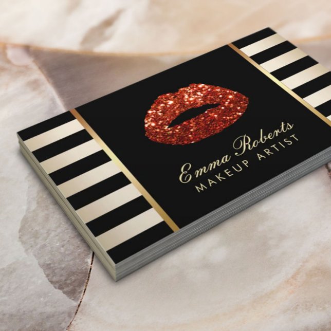 Makeup Artist Red Glitter Lips Gold Stripes Business Card (Creator Uploaded)