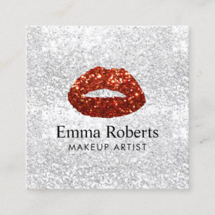 Makeup Artist Red Glitter Lips Modern Silver Salon Square Business Card