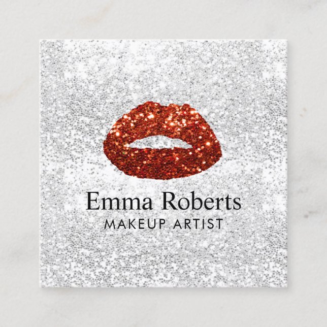 Makeup Artist Red Glitter Lips Modern Silver Salon Square Business Card (Front)
