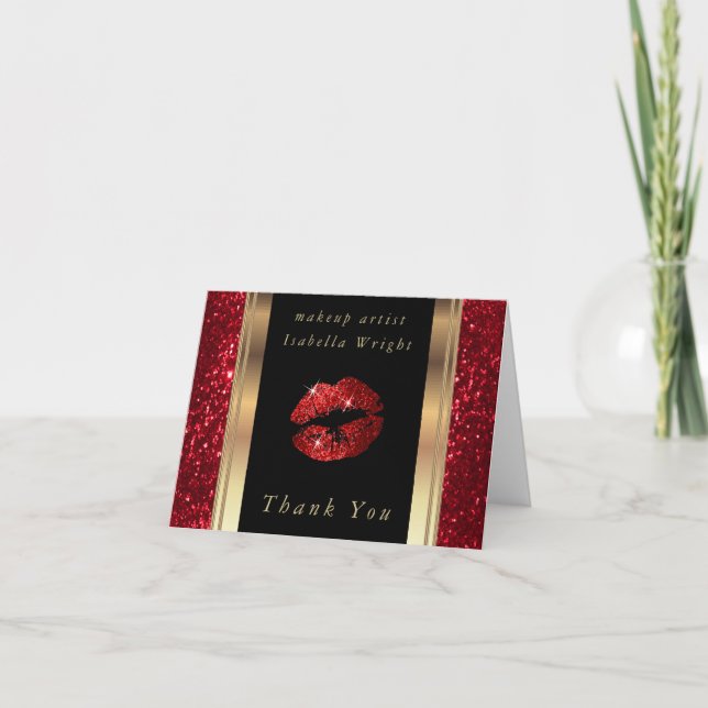 Makeup Artist  Red Glitter Lips on Black Thank You Card (Front)