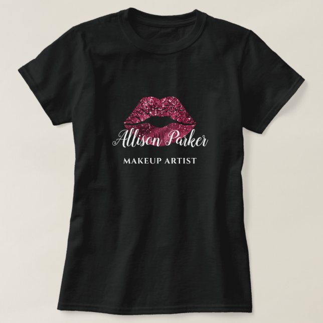 MAKEUP ARTIST Red Glitter Logo Kiss Name T-Shirt (Design Front)
