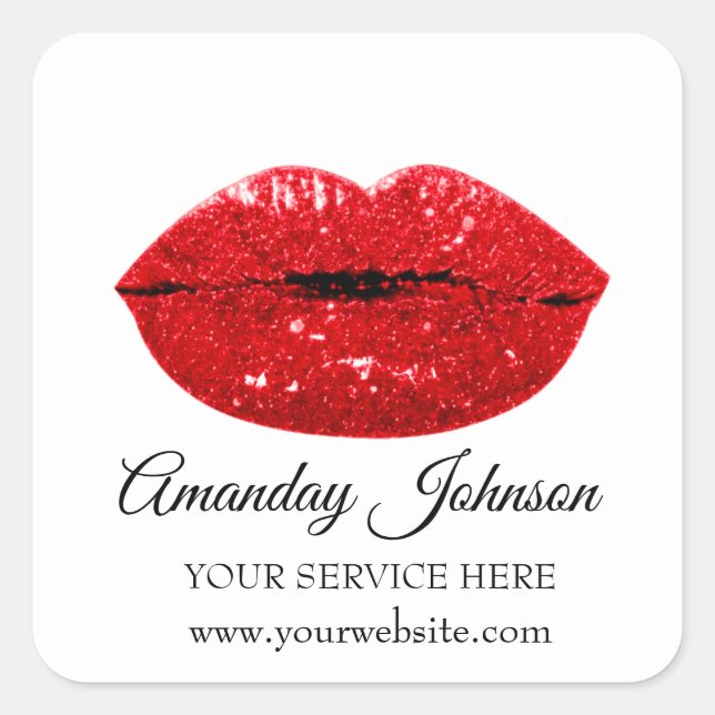 Makeup Artist Red Kiss Lips Name White Thank You Square Sticker (Front)
