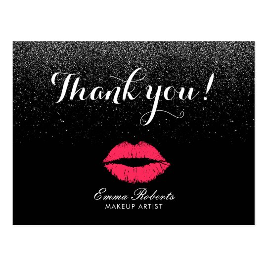 Makeup Artist Red Lips Black Glitter Thank You Postcard Zazzle.ca