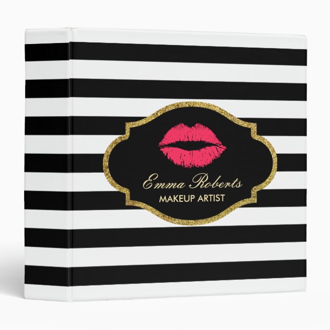 Makeup Artist Red Lips Modern Black White Stripes Binder (Front/Spine)
