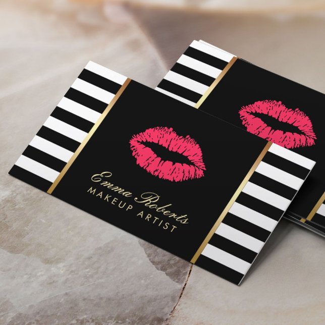 Makeup Artist Red Lips Modern Black White Stripes Business Card (Creator Uploaded)