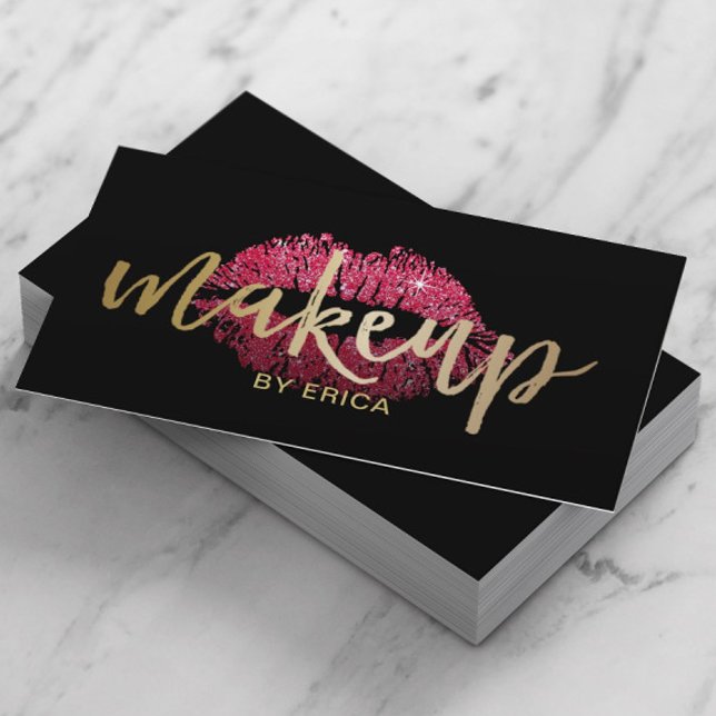 Makeup Artist Red Lips Modern Gold Script Business Card (Creator Uploaded)