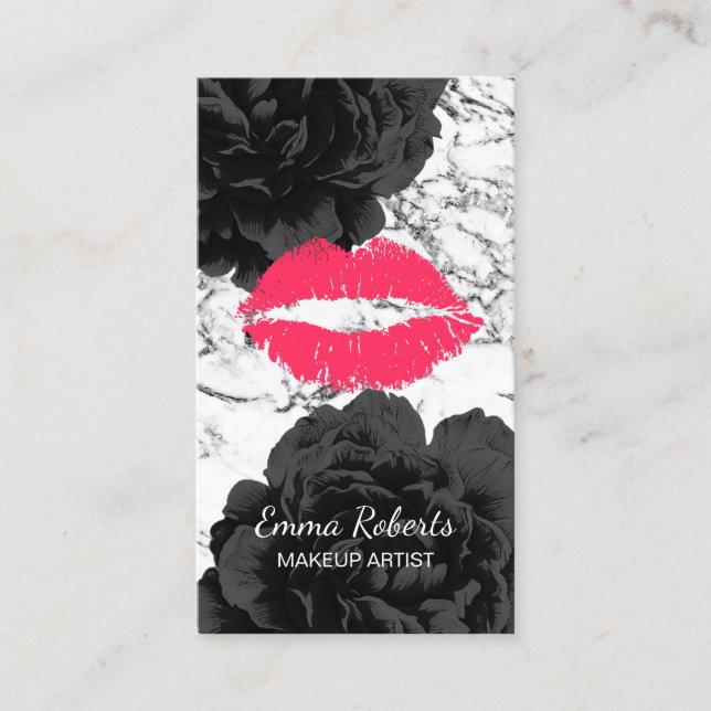 Makeup Artist Red Lips Modern Marble Black Floral Business Card (Front)