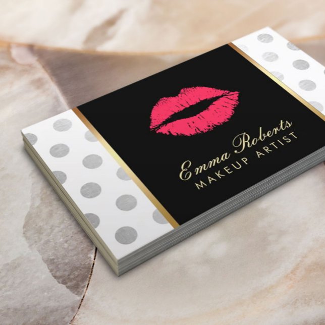 Makeup Artist Red Lips Modern Silver Dots Business Card (Creator Uploaded)