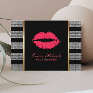 Makeup Artist Red Lips Modern Silver Stripes Business Card